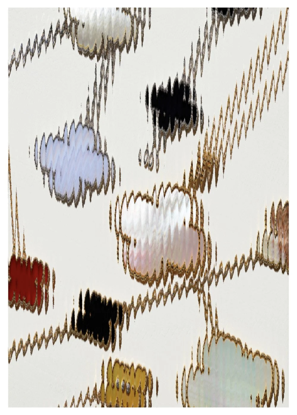 Abstract image with distorted colorful shapes resembling flowers on a white background.