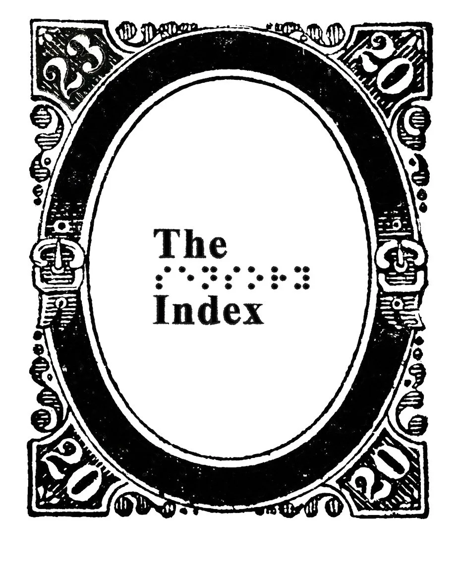 This is a black and white illustration of a circular stamp or seal with ornate borders. In the center, it says 'The Index' with dots arranged to spell out 'Index' in Morse code. The corners of the image display the numbers '200'.