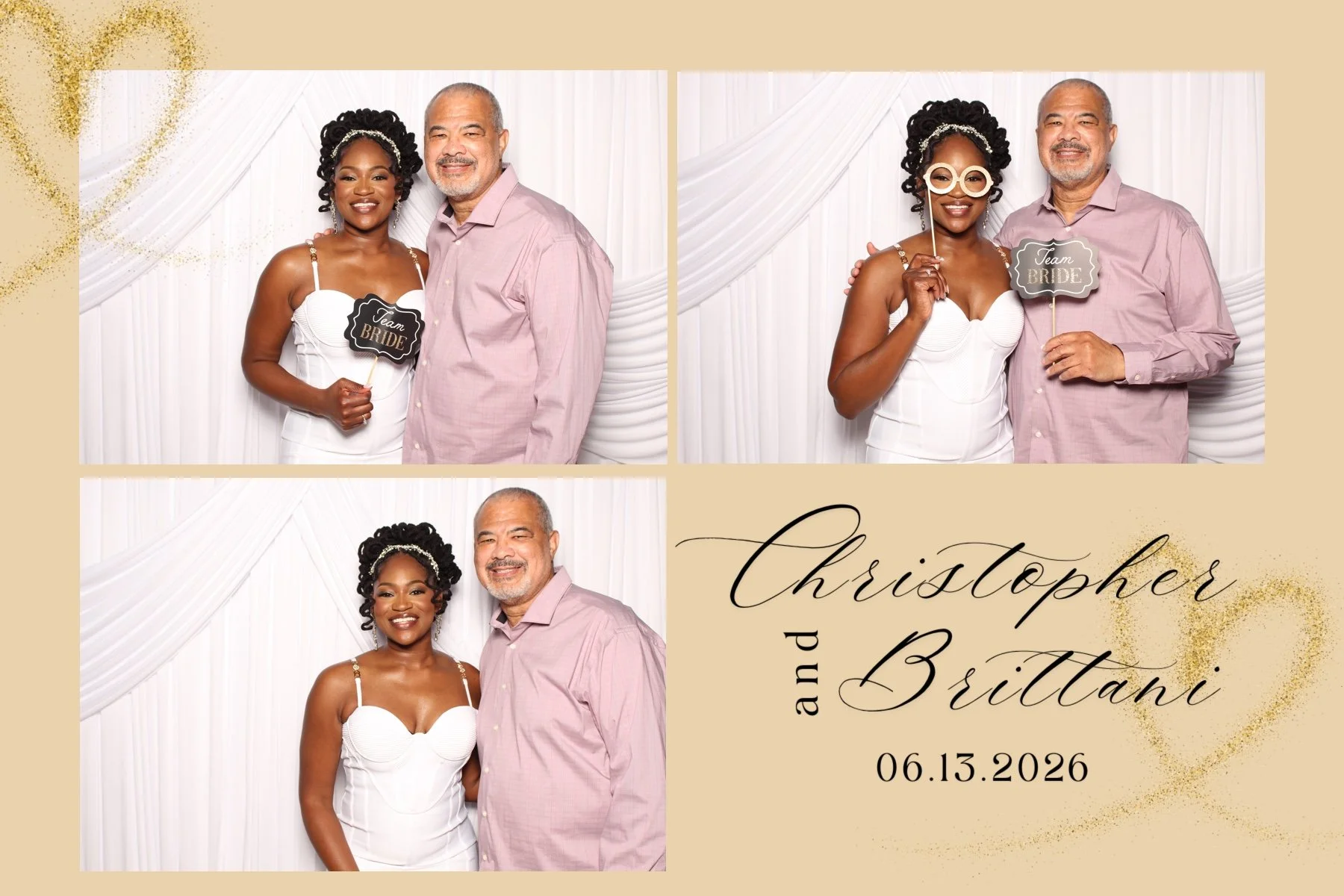 A wedding photo collage featuring a bride with dark skin and black curly hair wearing a white dress, and a man with light skin and gray hair wearing a pink shirt. The collage includes three images of the couple posing together with a white draped backdrop, some with photo props like glasses and a 'Team Bride' sign. The lower right corner has text with the names 'Christopher and Brittani' and the wedding date '06.13.2026' on a beige background with gold glitter accents.
