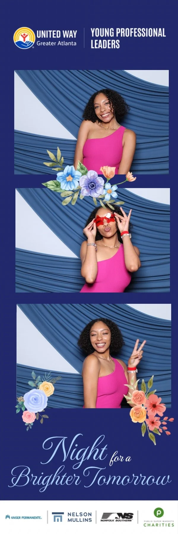 Photo booth strip with three images of a smiling woman in a pink dress making playful gestures, set against a blue draped background, with floral decorations. The banner includes logos of United Way Greater Atlanta and partners, and text reading "Night for a Brighter Tomorrow," indicating a charitable event for young professional leaders.