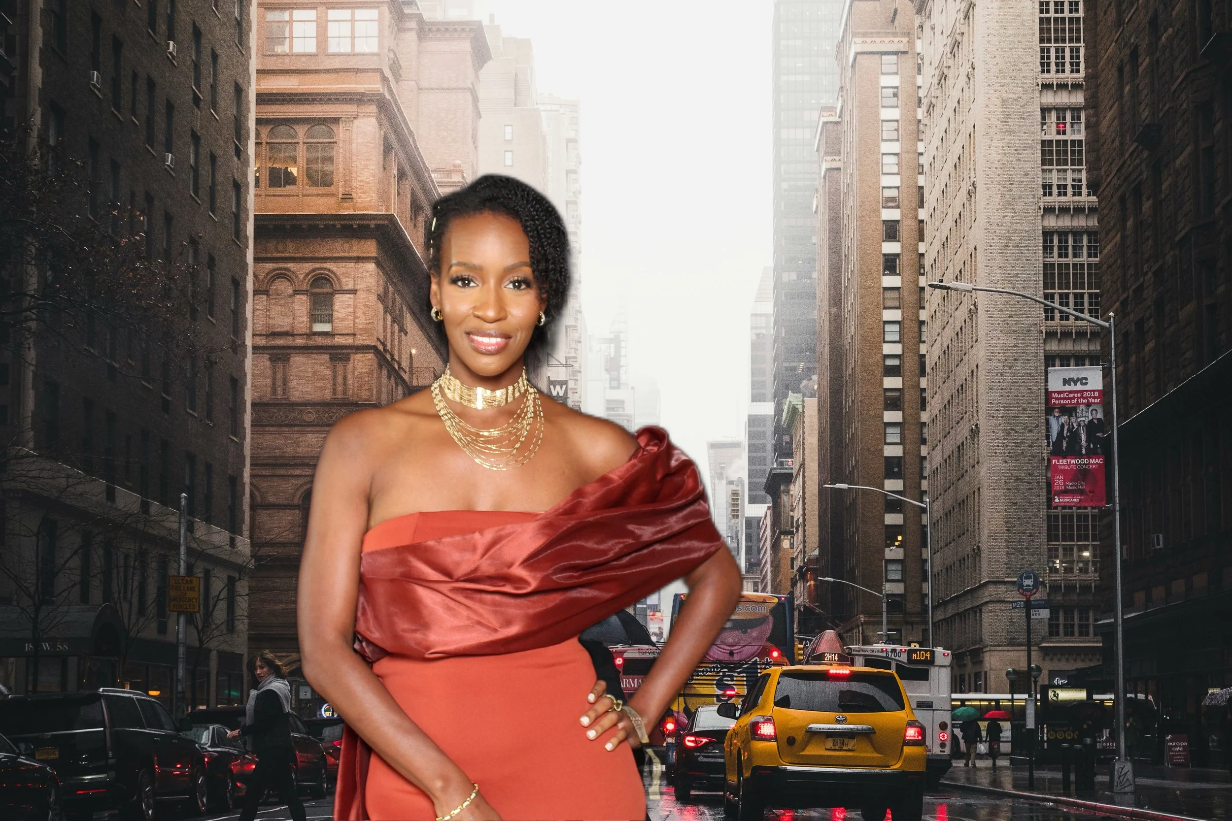Women at a NYC themed Gala in a ball gown