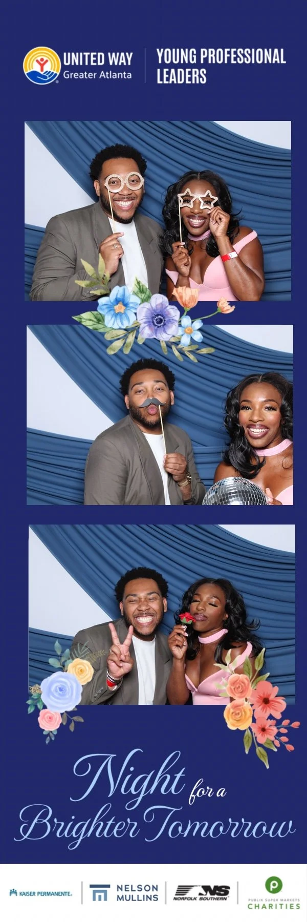 Photo booth strip with three images of diverse young adults at a United Way event, smiling and holding fun props like glasses and flowers. The event theme is 'Night for a Brighter Tomorrow,' with floral decorations and sponsor logos at the bottom.