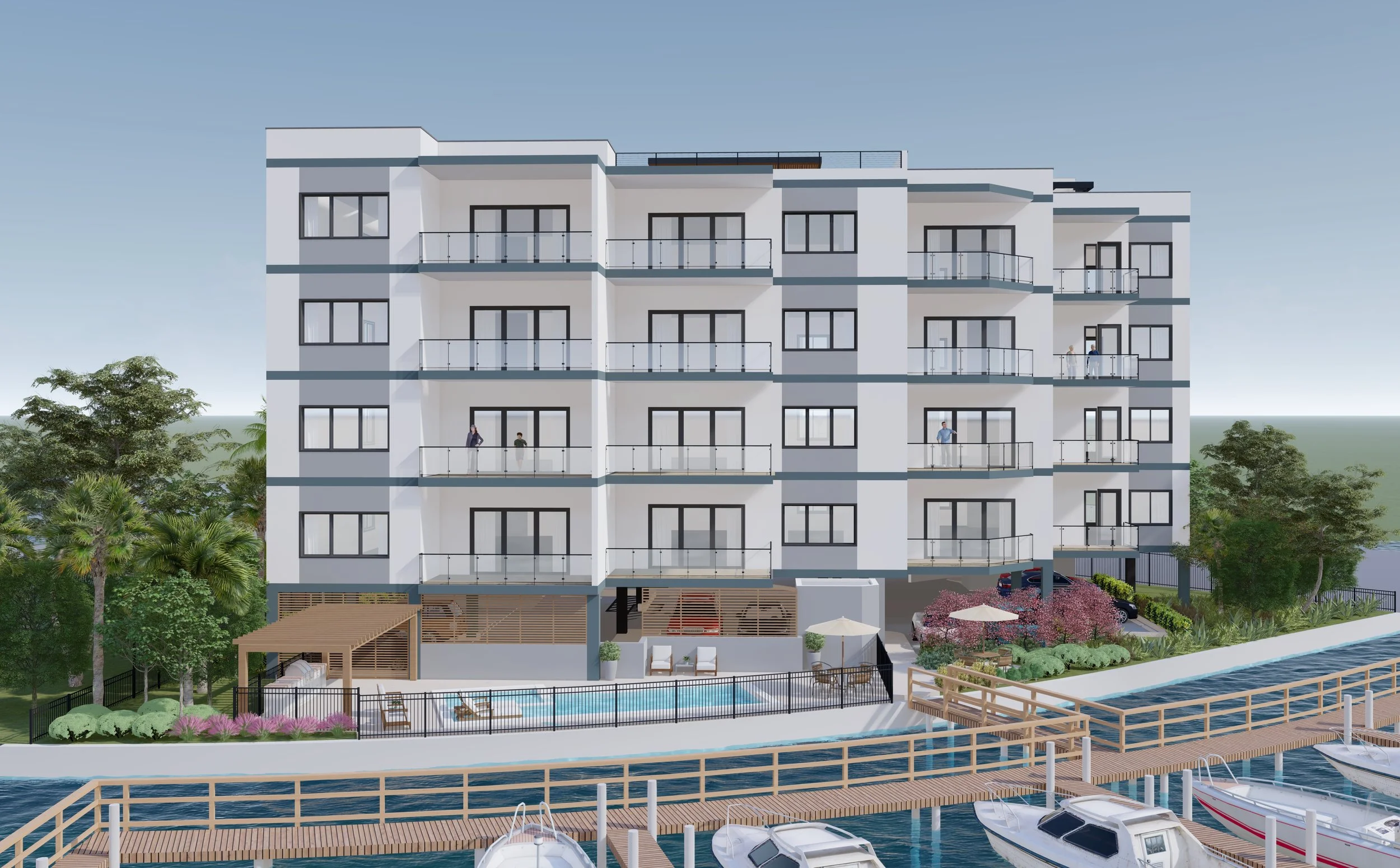A modern multi-story apartment building by a marina with boats docked in the water, swimming pool, outdoor seating, and landscaped greenery.