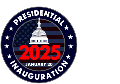 Circular logo with United States Capitol building, American flag background, and text indicating the 2025 presidential inauguration.