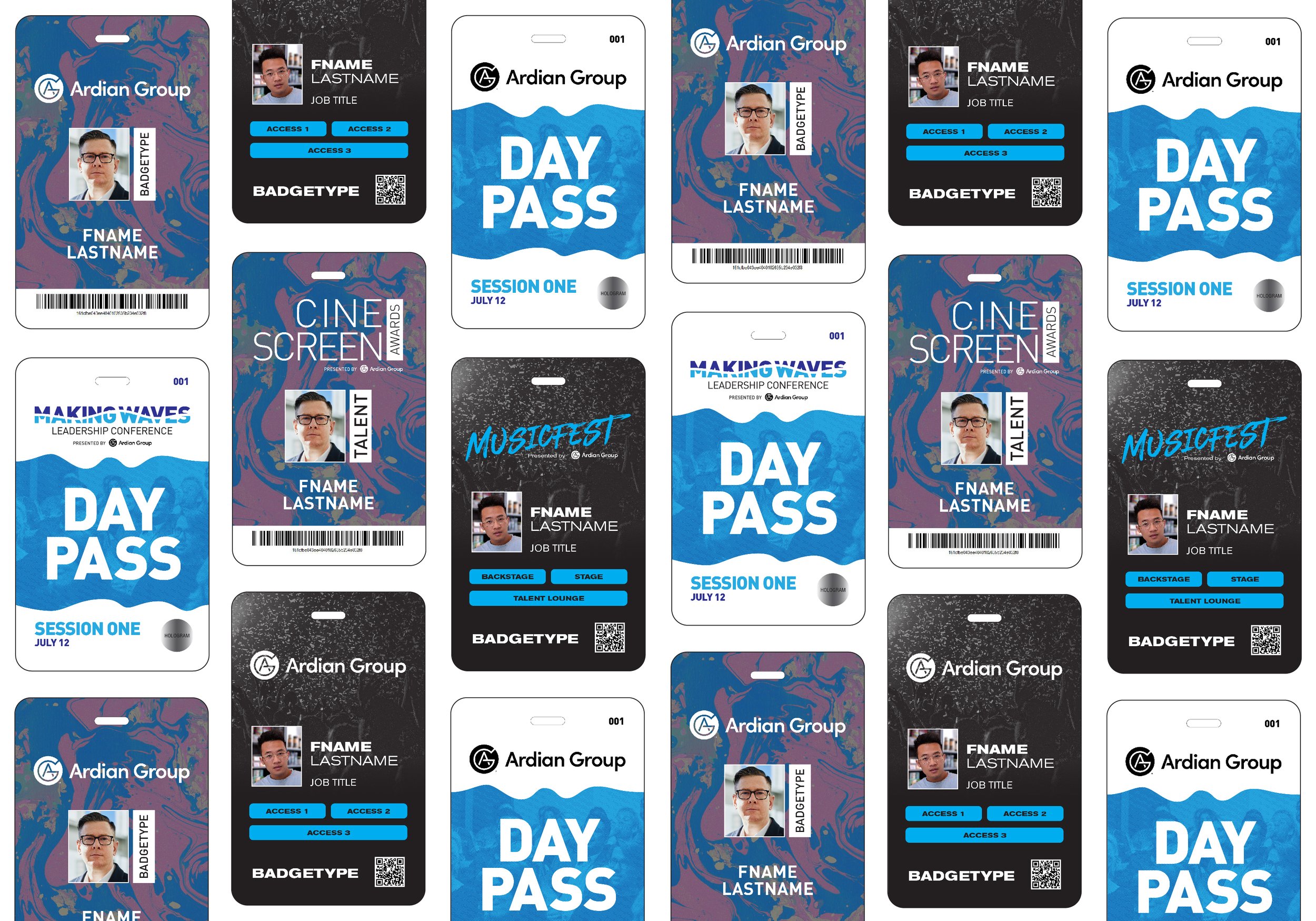 A collage of various event passes and badges for Ardian Group, featuring different designs with blue, black, white, and marbled backgrounds. The passes display event names like 'DAY PASS', 'CINE SCREEN AWARDS', and 'MUSIFEST', along with dates, sessions, and photographs of attendees or staff, some with barcodes, QR codes, and personal information placeholders.