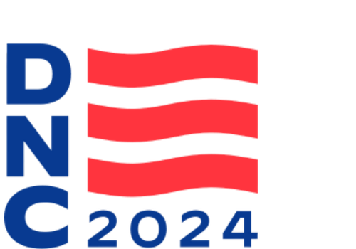Logo for Democratic National Committee 2024 with red stripes.