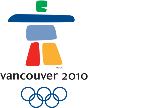 Colorful abstract graphic with horizontal bars in green, blue, purple, red, orange, yellow, and a graphic of the Vancouver 2010 Winter Olympics logo.