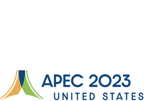 APEC 2023 United States logo with stylized gold, green, and blue abstract shapes resembling sails or waves.