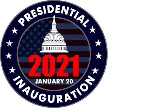 Presidential inauguration emblem with American flag, U.S. Capitol, and bold red '2021' text.