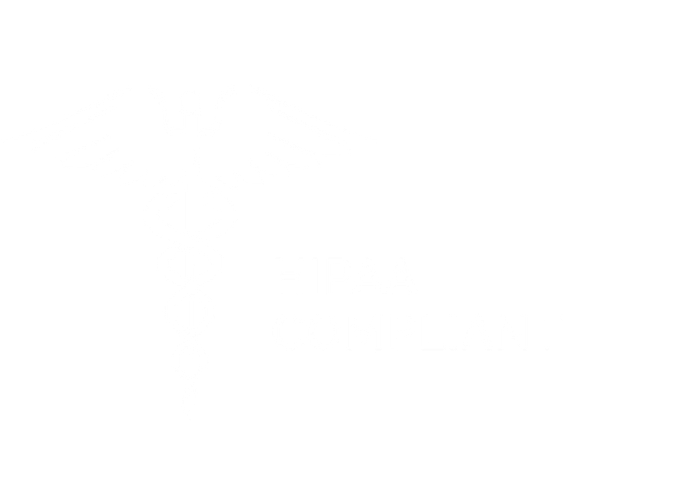 White caduceus symbol with the words "HIPAA COMPLIANT" on a black background.