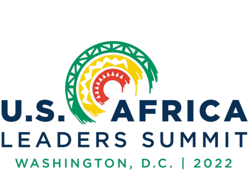 Logo for the U.S. Africa Leaders Summit, Washington D.C., 2022, featuring a stylized map of Africa with colors red, yellow, and green, and text in blue and green.