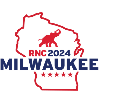 Logo for RNC 2024 Milwaukee featuring a bear, the state of Wisconsin outline, and five stars.