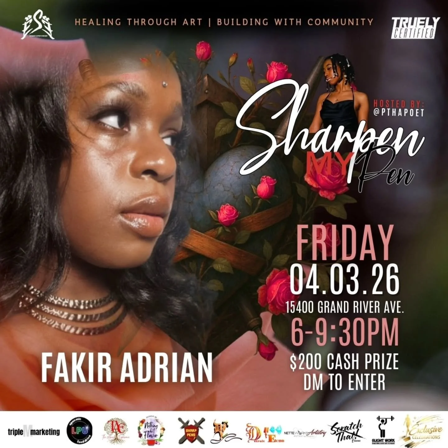 @sharp.pens &times; @starprogenitrix 

Not an open mic. Not just a showcase. A soul-sharpening experience merging poetry, community and spirit. Come feel what can&rsquo;t be explained.

Sharpen My Pen: Loved Rooted in Rebirth 🌹

Personal ticket link