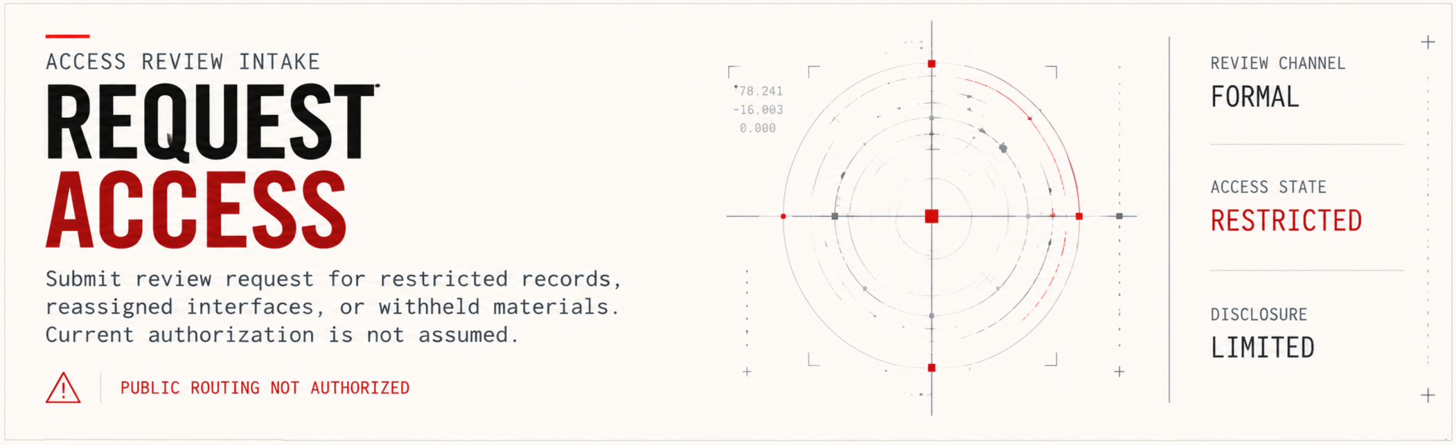 A digital interface for access review requests showing a radar-like graphic, critical access status marked as restricted, review channel labeled as formal, and disclosure status as limited. The interface includes warning text and instructions for submitting review requests for restricted records.