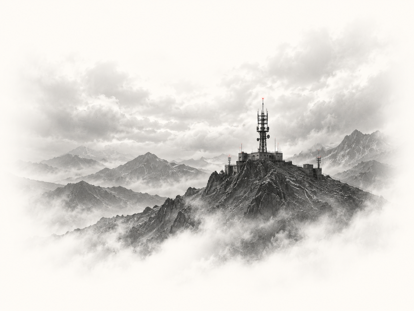 Black and white photo of a mountain with a communication tower and building on top, surrounded by clouds and distant mountain peaks.