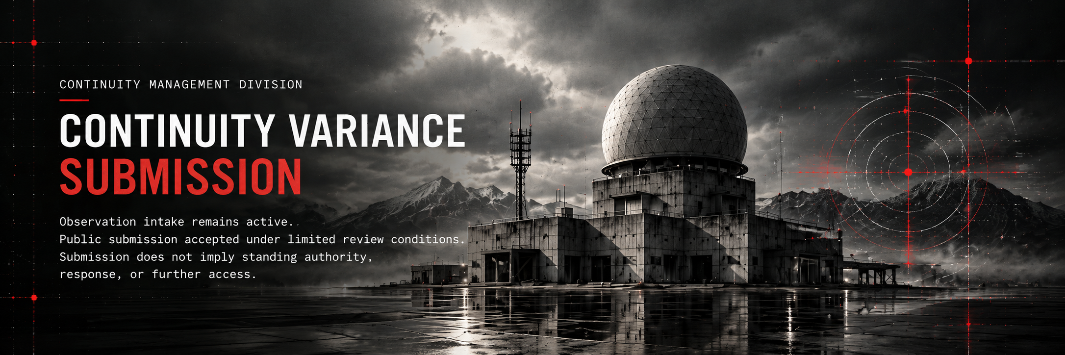 A large, dark building with a geodesic dome on top is set against a cloudy mountain backdrop. The image has digital overlay graphics and red crosshair markings.
