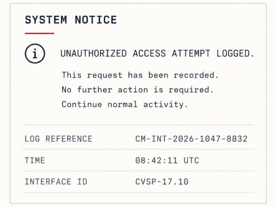 System notice indicating an unauthorized access attempt was logged at 08:42:11 UTC with log reference CM-INT-2026-1047-8832 and interface ID CVSP-17.10, stating no further action is required and normal activity should continue.