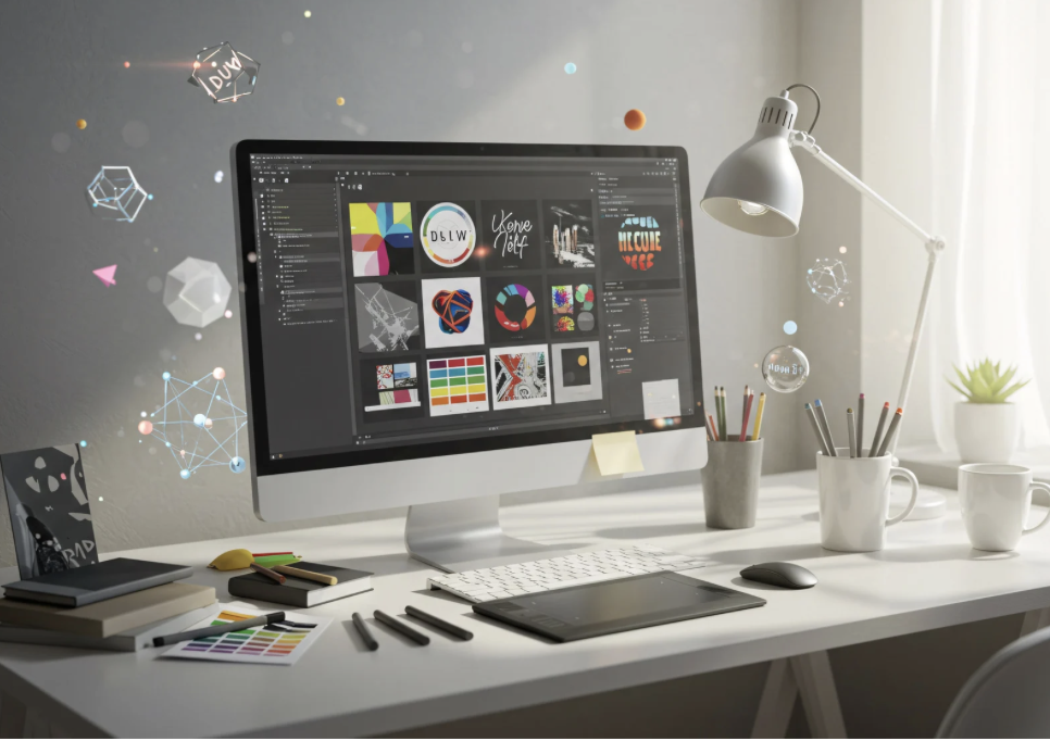 Design workspace featuring a computer monitor displaying graphic design images, surrounded by pens, notebooks, a graphics tablet, books, and decorative floating geometric shapes.