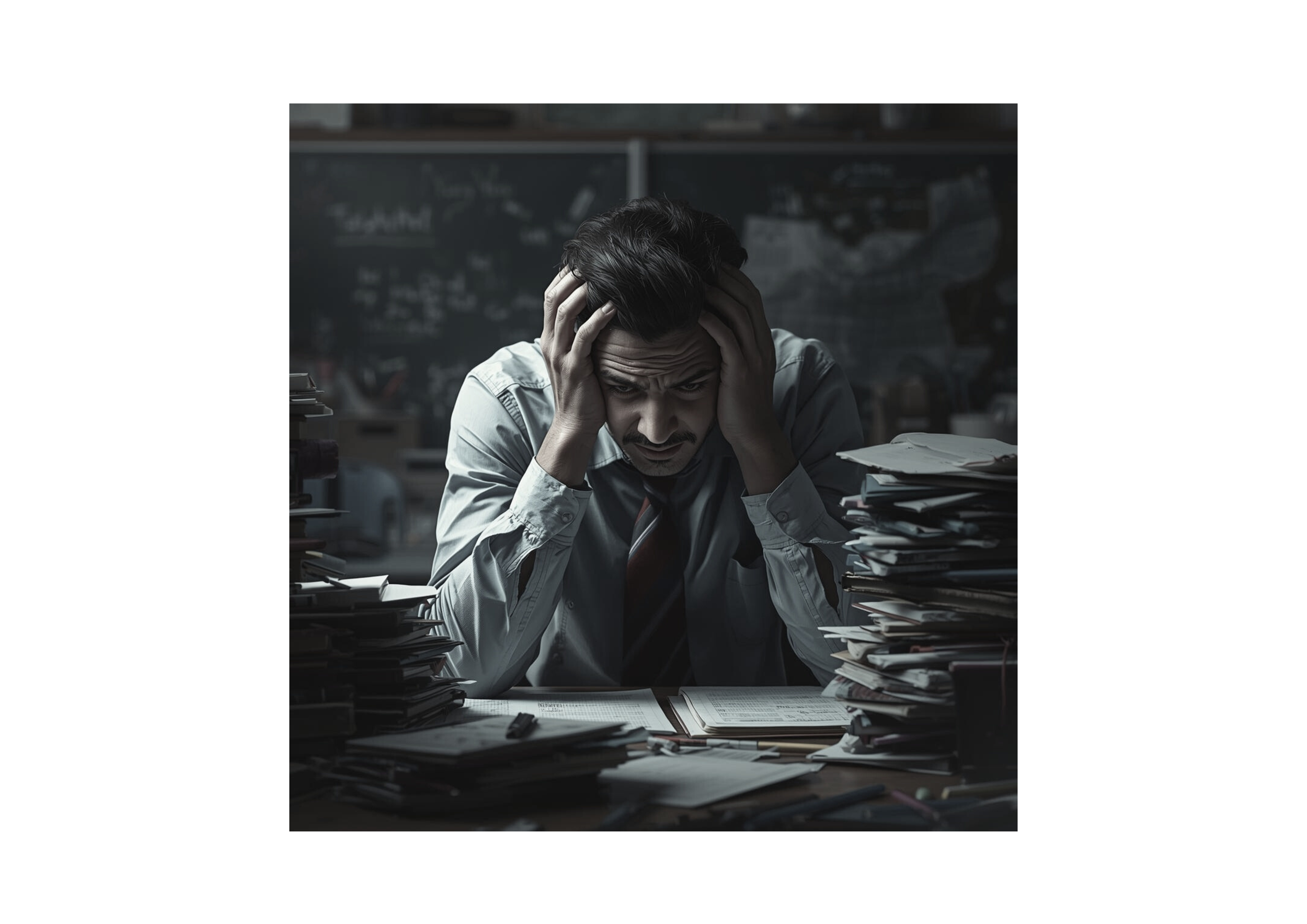 Man with dark hair and mustache, wearing a white shirt and dark tie, sitting at a cluttered desk with piles of papers, holding his head in frustration in a dark, chaotic office.