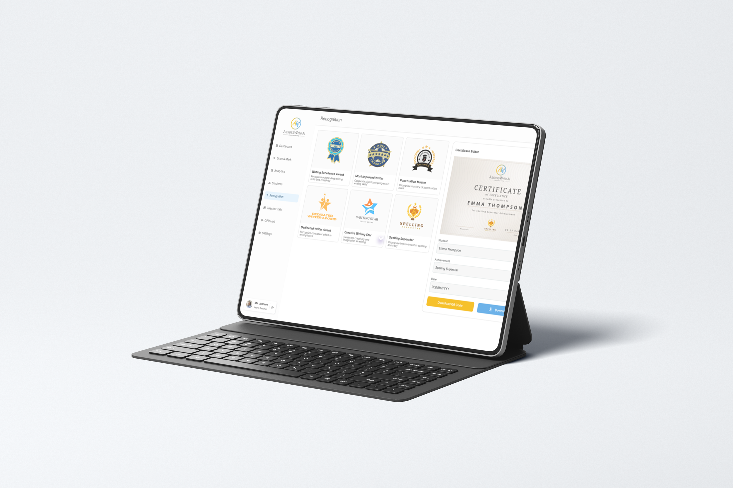 Tablet with a keyboard displaying an online awards and certification platform with various award icons and a certificate of achievement for Emma Thompson.