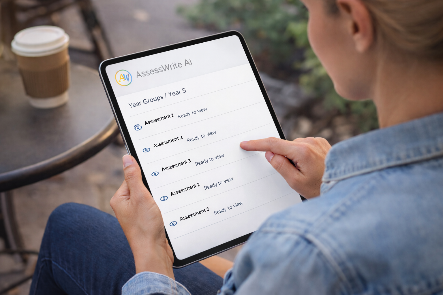 A woman sitting at a table outdoors looking at a tablet displaying assessments for Year 5 students, with some marked as 'Ready to view'.