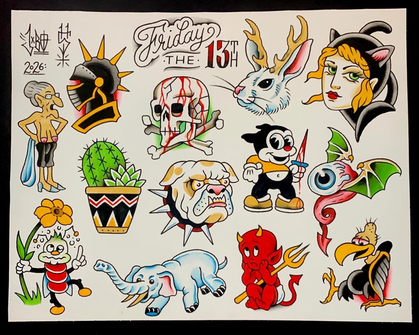 Happy Friday the 13th. Again. @ugly_ideas is knocking these out all day. $130 black and grey. $150 color. Arms and legs only. Ask for J-Bo. We&rsquo;re here until 10pm! 

#fridaythe13th #tattoo #deals #flashtatoo