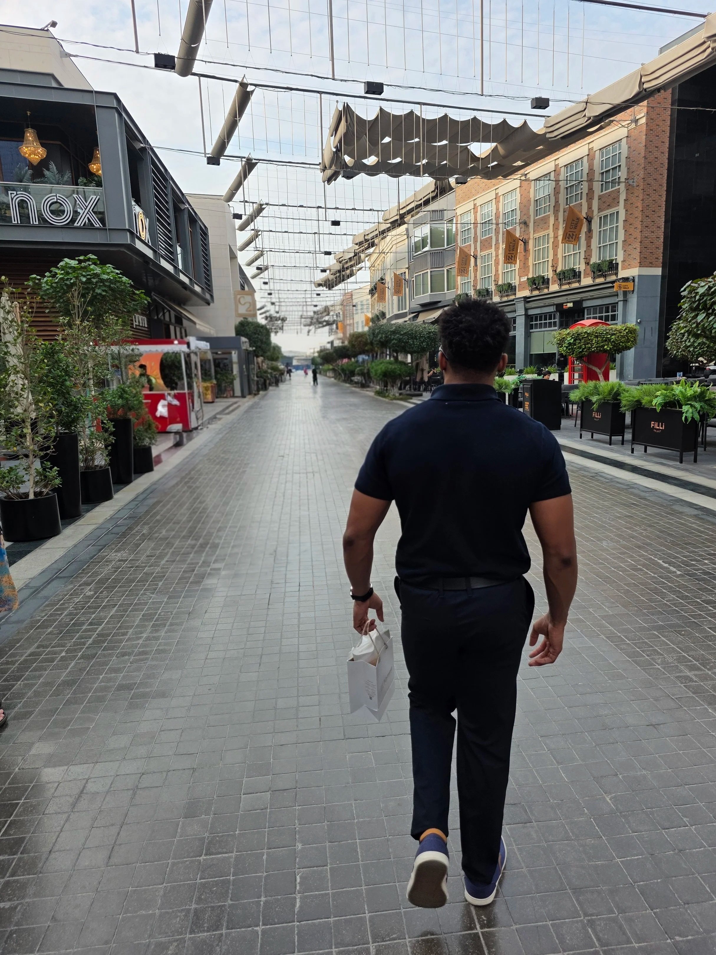 Man walking down a pedestrian street carrying a shopping bag, with modern storefronts, trees, and outdoor seating on either side.