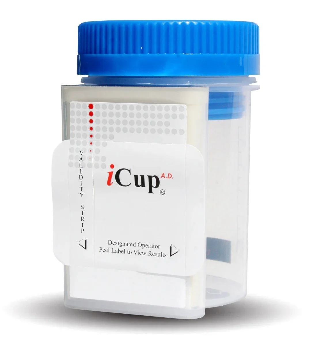 A urine drug test cup with a blue lid, labeled 'iCup A.D.' for drug screening, showing instructions to view results by peeling the label.