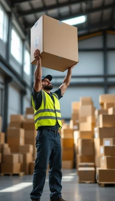 A man in a high-visibility vest lifting a large cardboard box in a warehouse with many other boxes around.