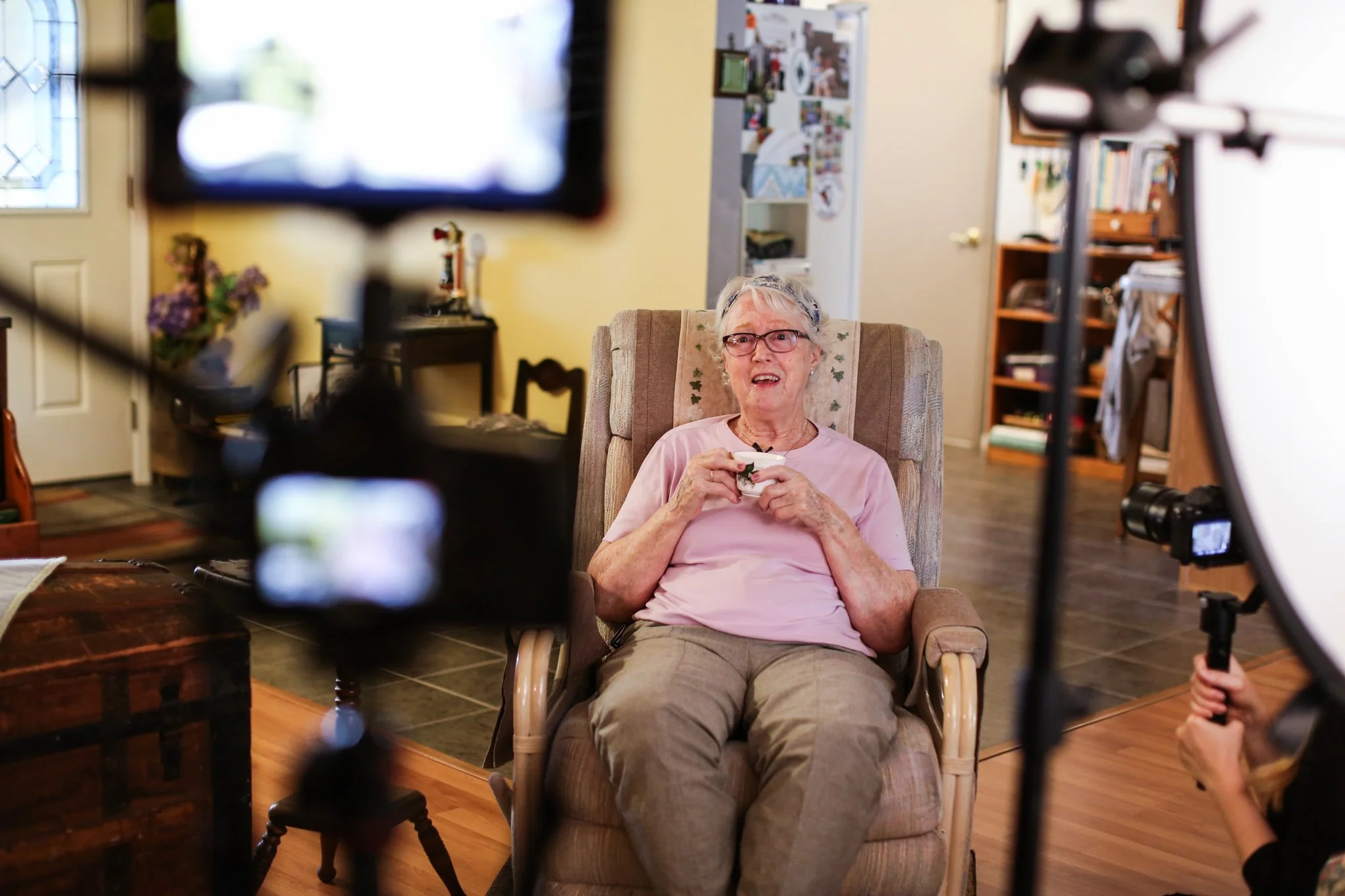 View from the interviewer's perspective, of Marge being filmed by our team.