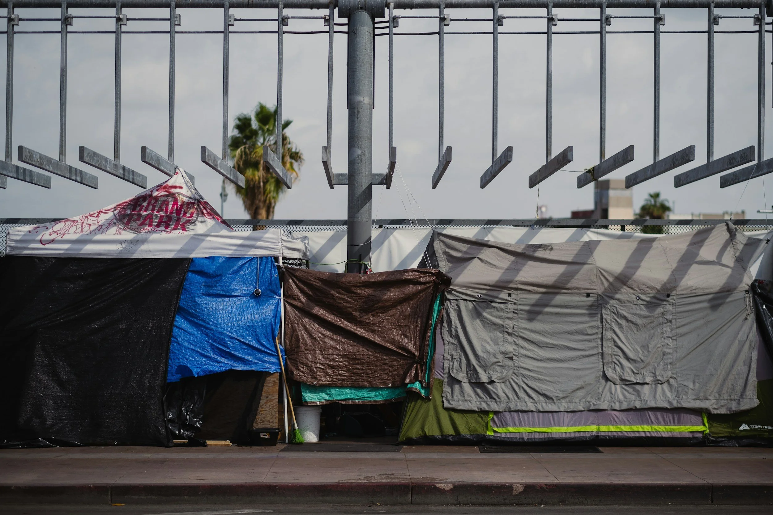homelessness tent along the road with palm trees in the background