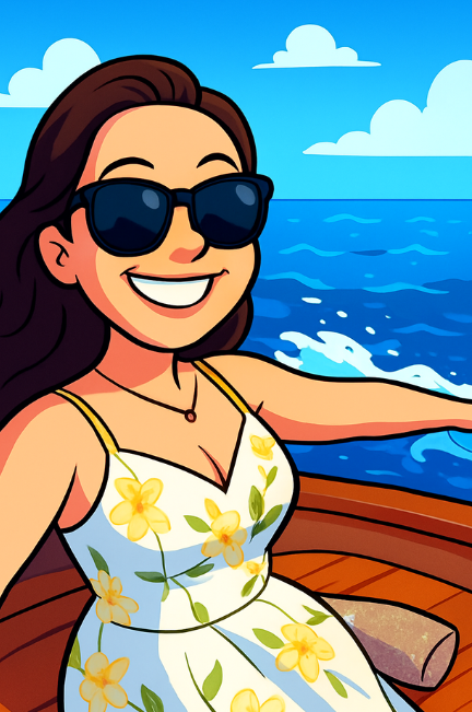 Cartoon woman with sunglasses smiling on a boat, with ocean and sky in the background.