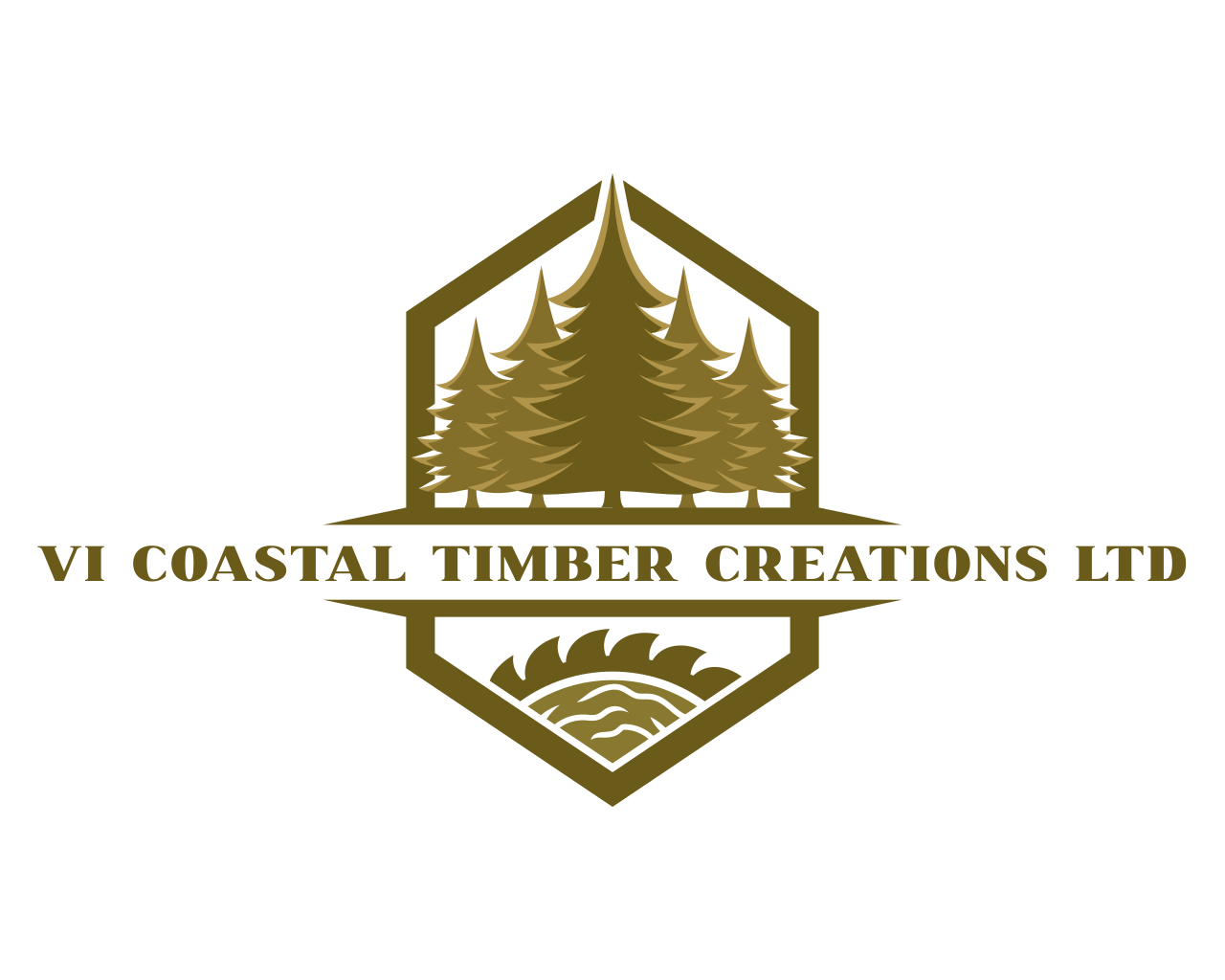 A logo featuring a stylized forest of pine trees inside a hexagon, with a saw blade beneath, and the text 'VI Coastal Timber Creations Ltd' in gold.