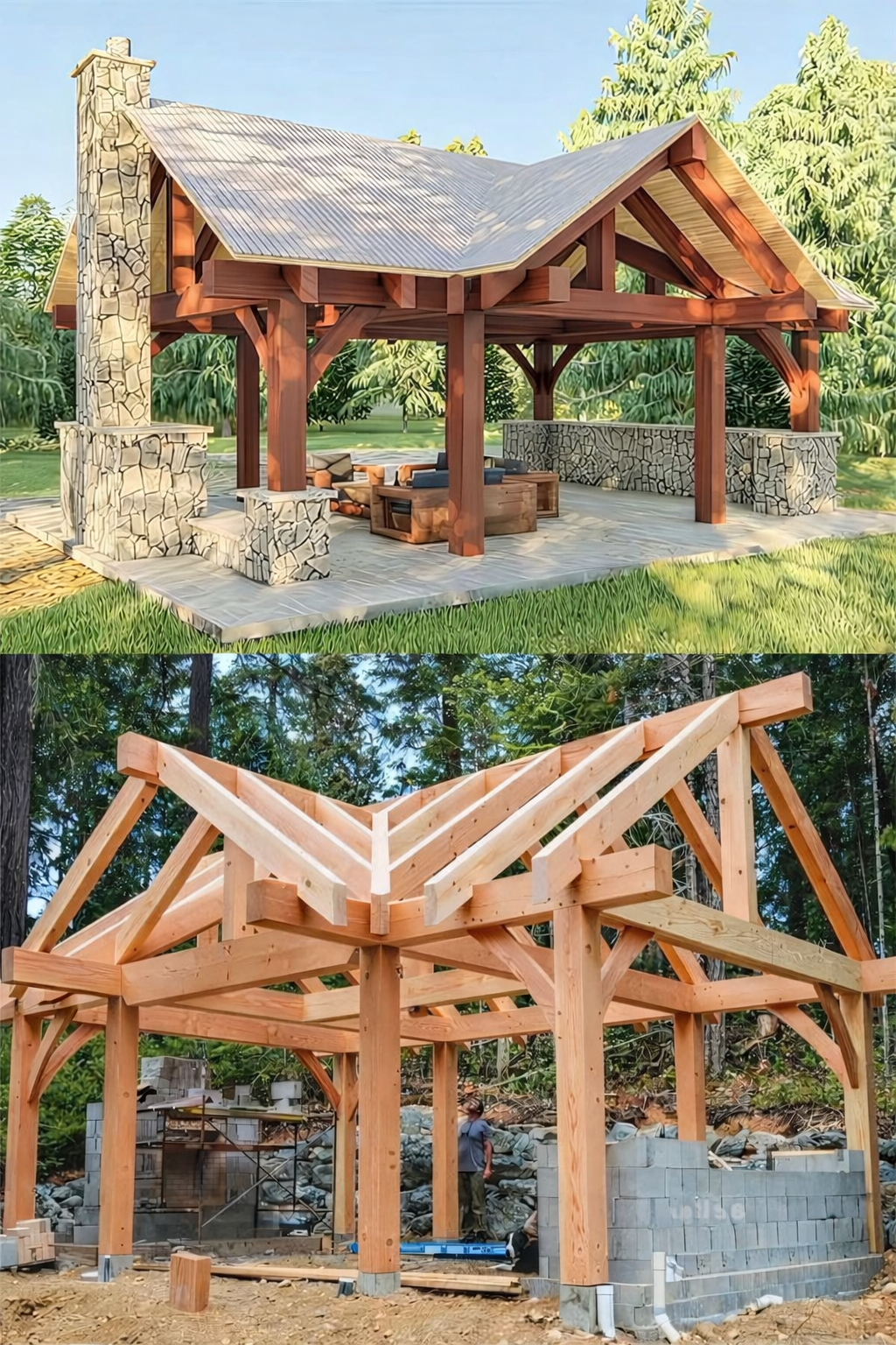 Two images of pavilion constructions; the first is a finished wooden pavilion with stone accents, outdoor seating, and a metal roof, set in a lush green area. The second shows a wooden pavilion under construction with visible wooden beams and support structures, in a wooded outdoor setting.