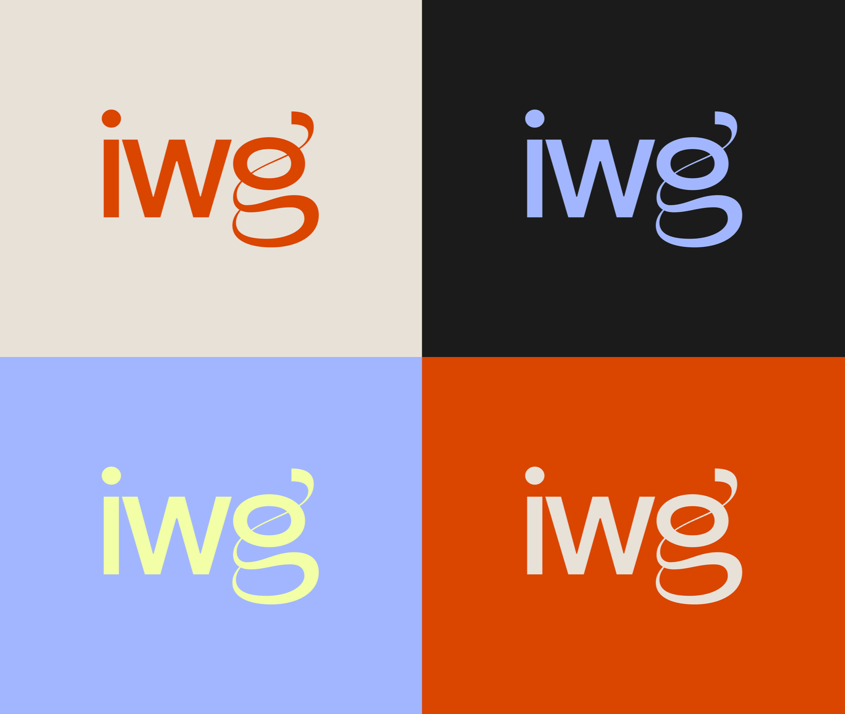 Four quadrants with the letters 'iwg' in different colors and backgrounds: top-left red on beige, top-right blue on black, bottom-left yellow on light blue, bottom-right beige on red.
