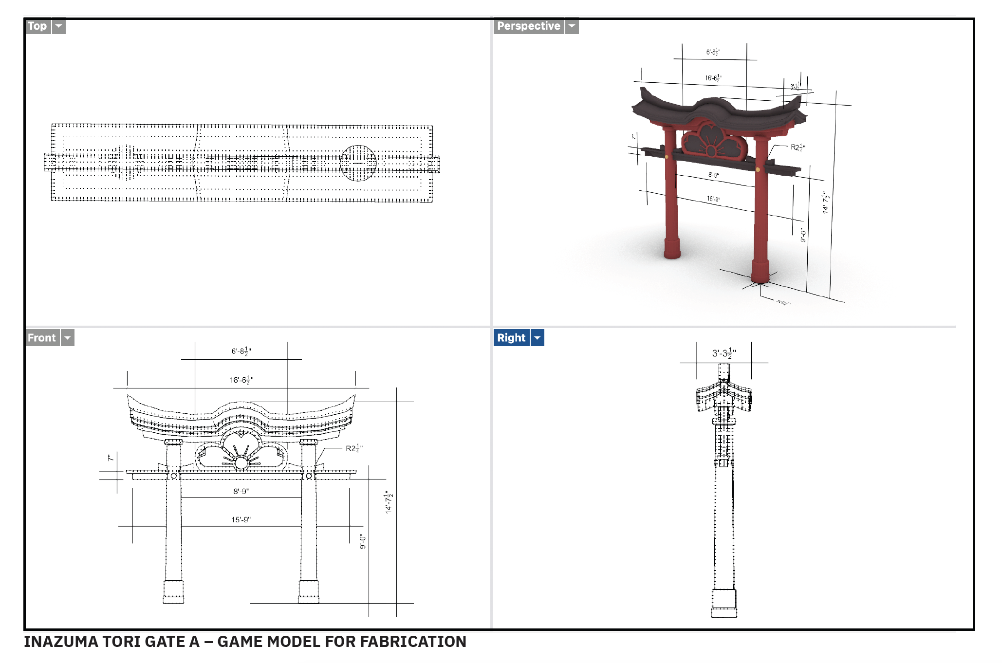 Engineering drawings and a 3D model of the Inazuma Tori Gate A, including top, perspective, front, and right views with detailed measurements.