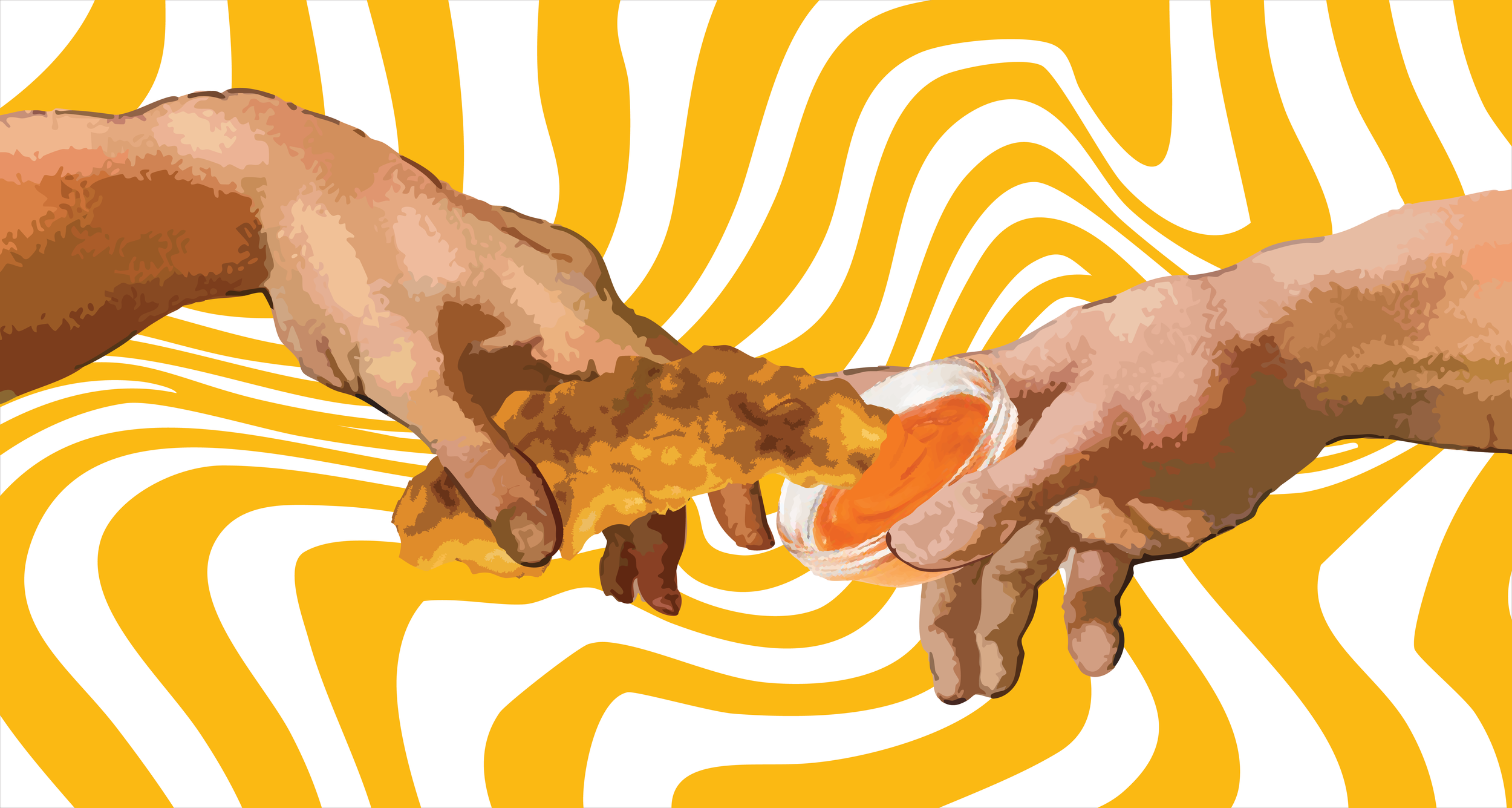 Two human hands holding a fried chicken drumstick and an orange yolk egg in a small glass bowl against a yellow and white wavy patterned background.