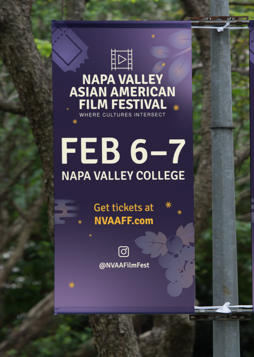 Banner for Napa Valley Asian American Film Festival, held February 6-7 at Napa Valley College, featuring a purple background with white and yellow text, an icon of a film reel, and grapevine illustrations.