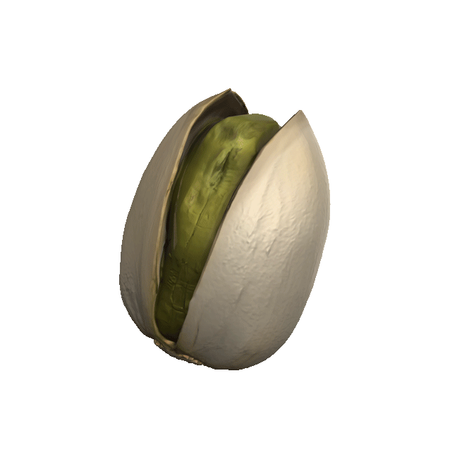 A pistachio nut with its shell partially open, revealing the green nut inside.