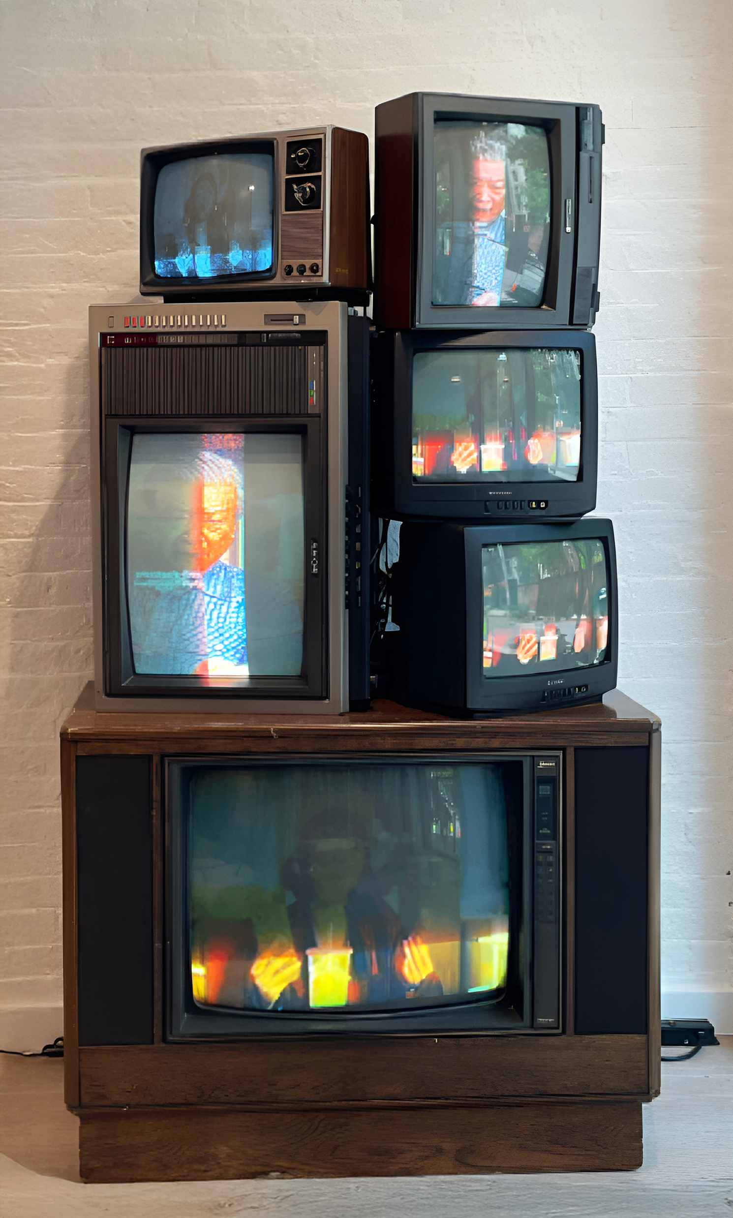 Stack of six vintage televisions on a wooden cabinet and a metal stand against a light-colored brick wall, all turned on displaying colorful abstract images and reflections.