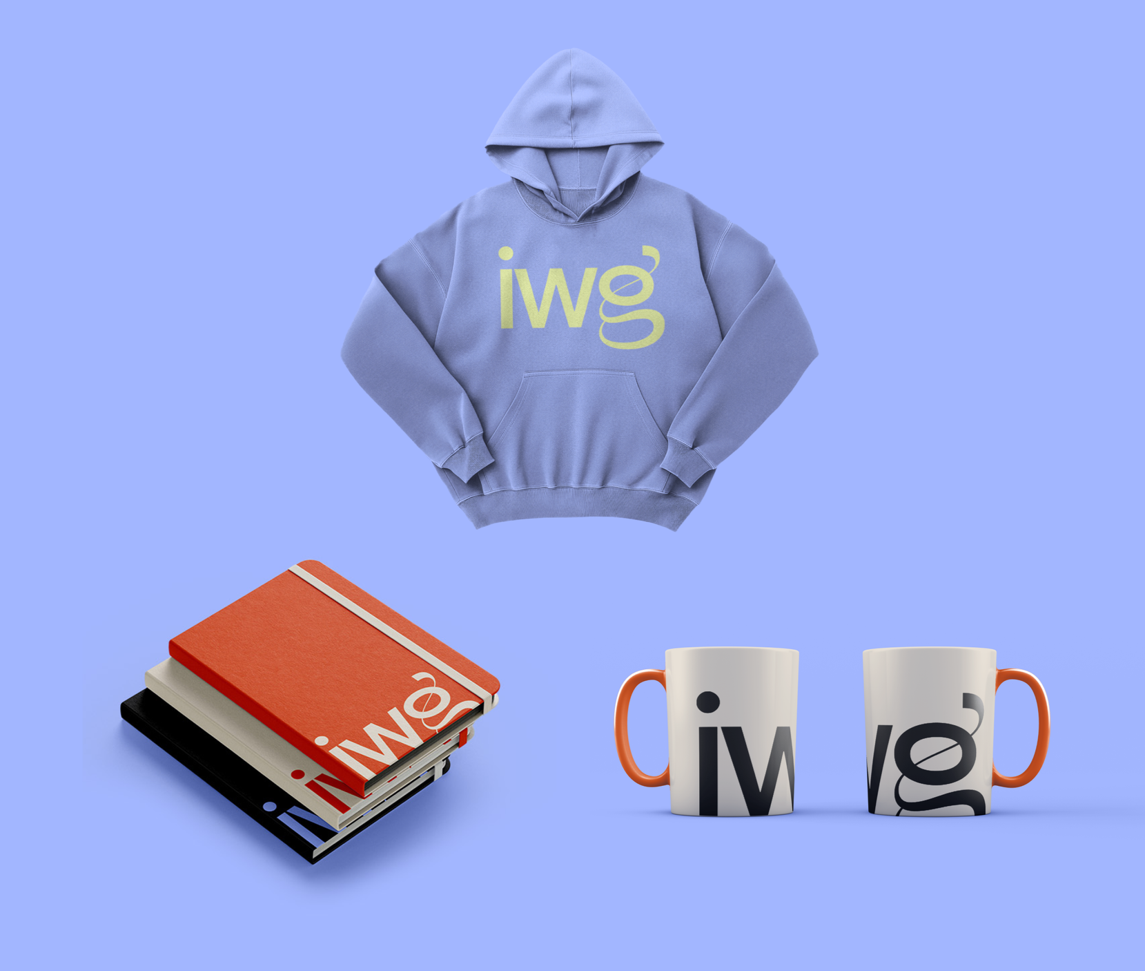 A light blue hoodie with yellow lettering 'iwg' displayed, three stacked notebooks with similar 'iwg' branding in red, black, and white, and two white mugs with black and gray 'iwg' logos and orange handles, all set against a light blue background.