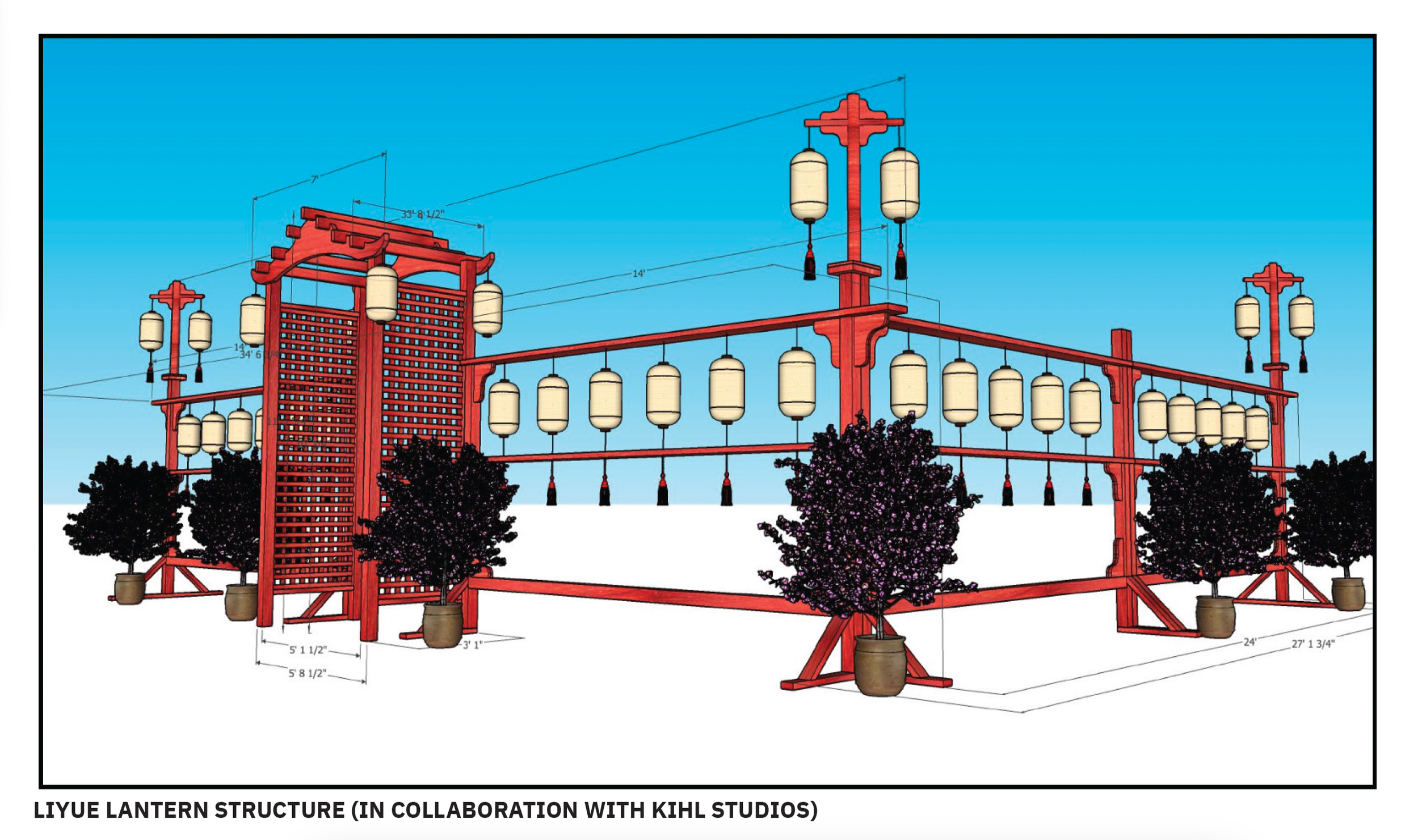 Design blueprint of a traditional Chinese lantern structure with red wooden framework, hanging lanterns, potted trees, and detailed measurements.