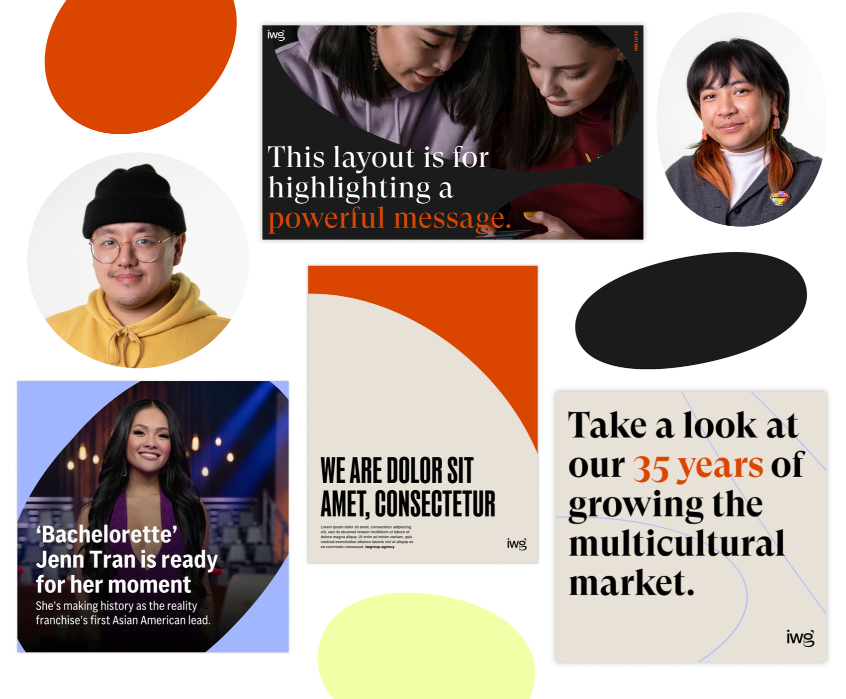 A collage of various graphic design elements including three portrait photos of smiling young Asian individuals, several text-based graphics with messages about multicultural marketing and achievements, and geometric shapes in red, black, beige, blue, and yellow.