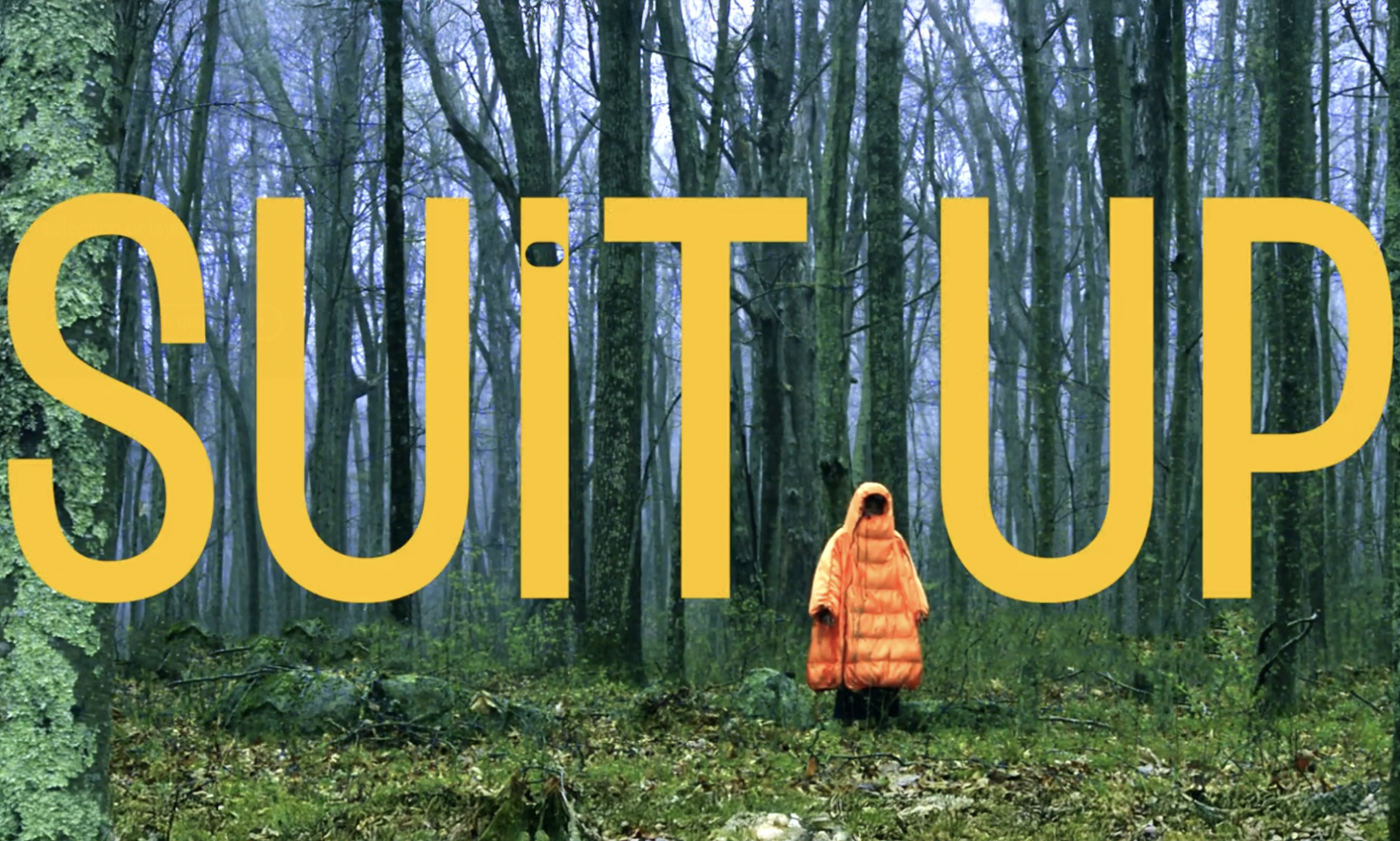 Person in an orange jacket in the woods. Conceptual Crisis Suits