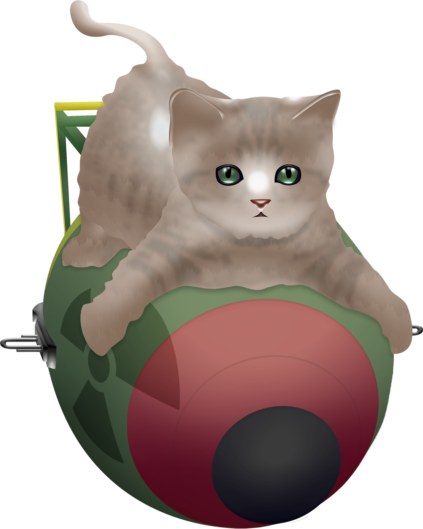 A digitally illustrated gray tabby cat with green eyes lying on top of a green and red nuclear bomb.