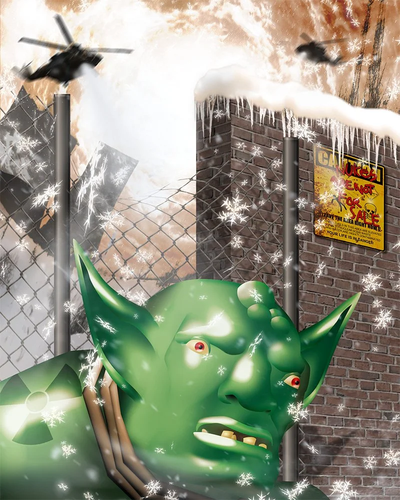 A large green goblin face with pointed ears and sharp teeth is in front of a brick wall with a warning sign, surrounded by snow, icicles, and snowflakes falling. Two helicopters are flying in a cloudy sky.