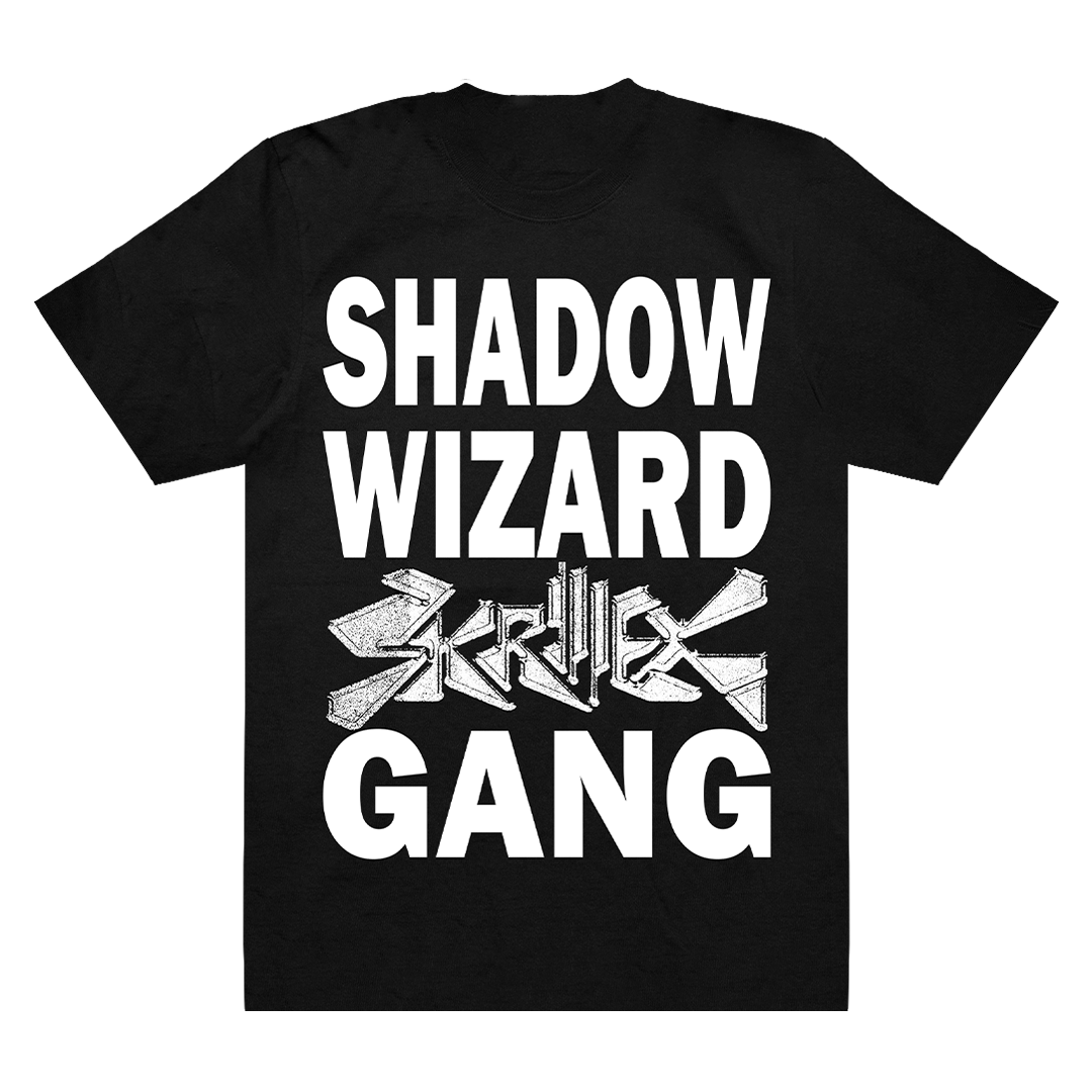 Black T-shirt with large white text that reads "SHADOW WIZARD GANG" and a stylized white graphic logo in the center.