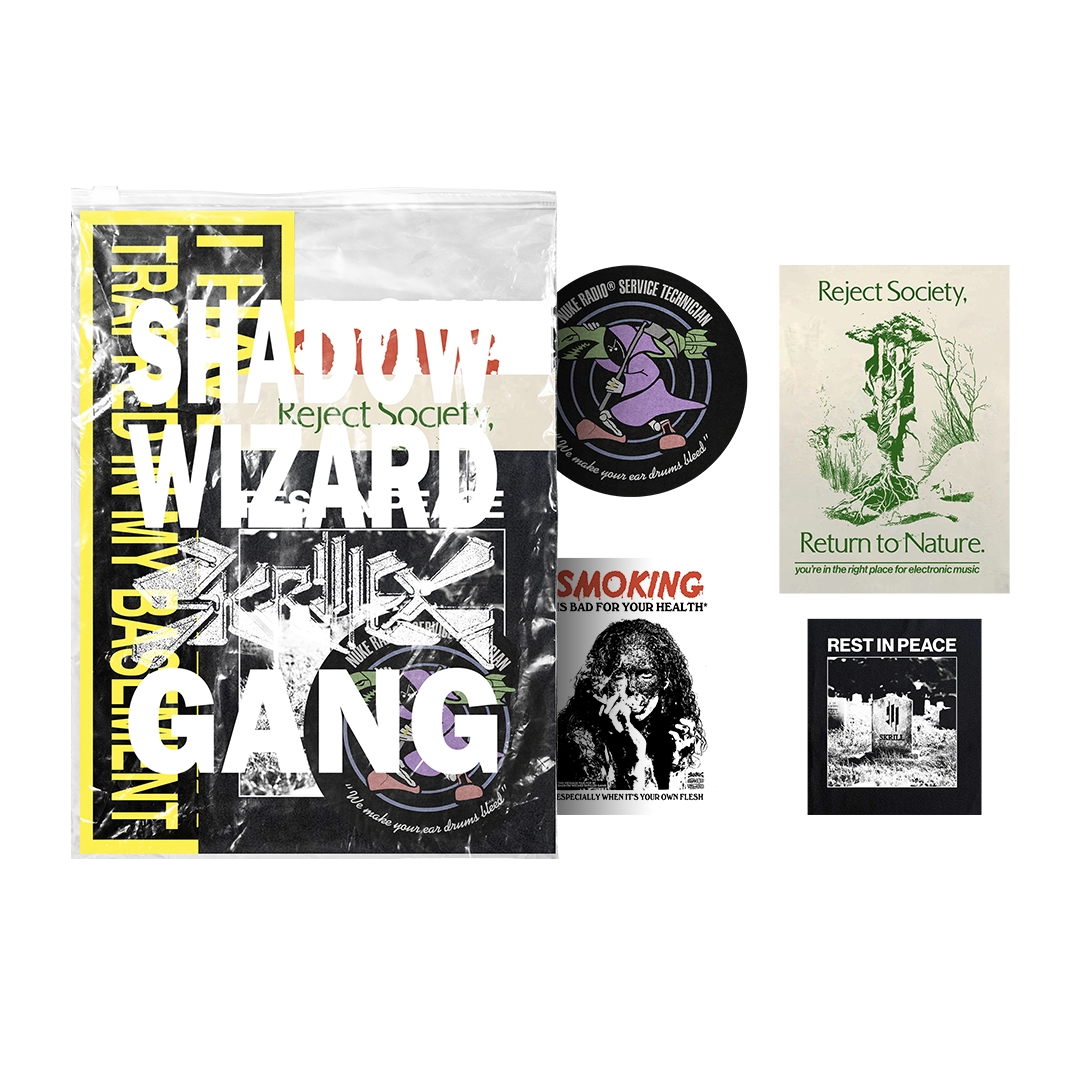 Collection of stickers and patches with eco-friendly and anti-establishment messages, including slogans like 'Reject Society, Return to Nature,' and labels such as 'Skull' and 'Rest in Peace.'