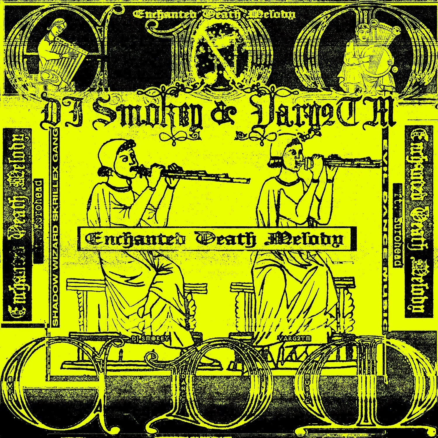 A yellow and black illustration resembling a vintage advertisement or poster with the title 'Enchanted Death Metal.' Features two women sitting on benches, each playing a flute-like instrument. The words 'Enchanted Death Metal' are prominently displayed in the center, and decorative elements including religious or mystical images and text are present, with the phrase 'SHADOW BULL EXCHANGE' on the left side.