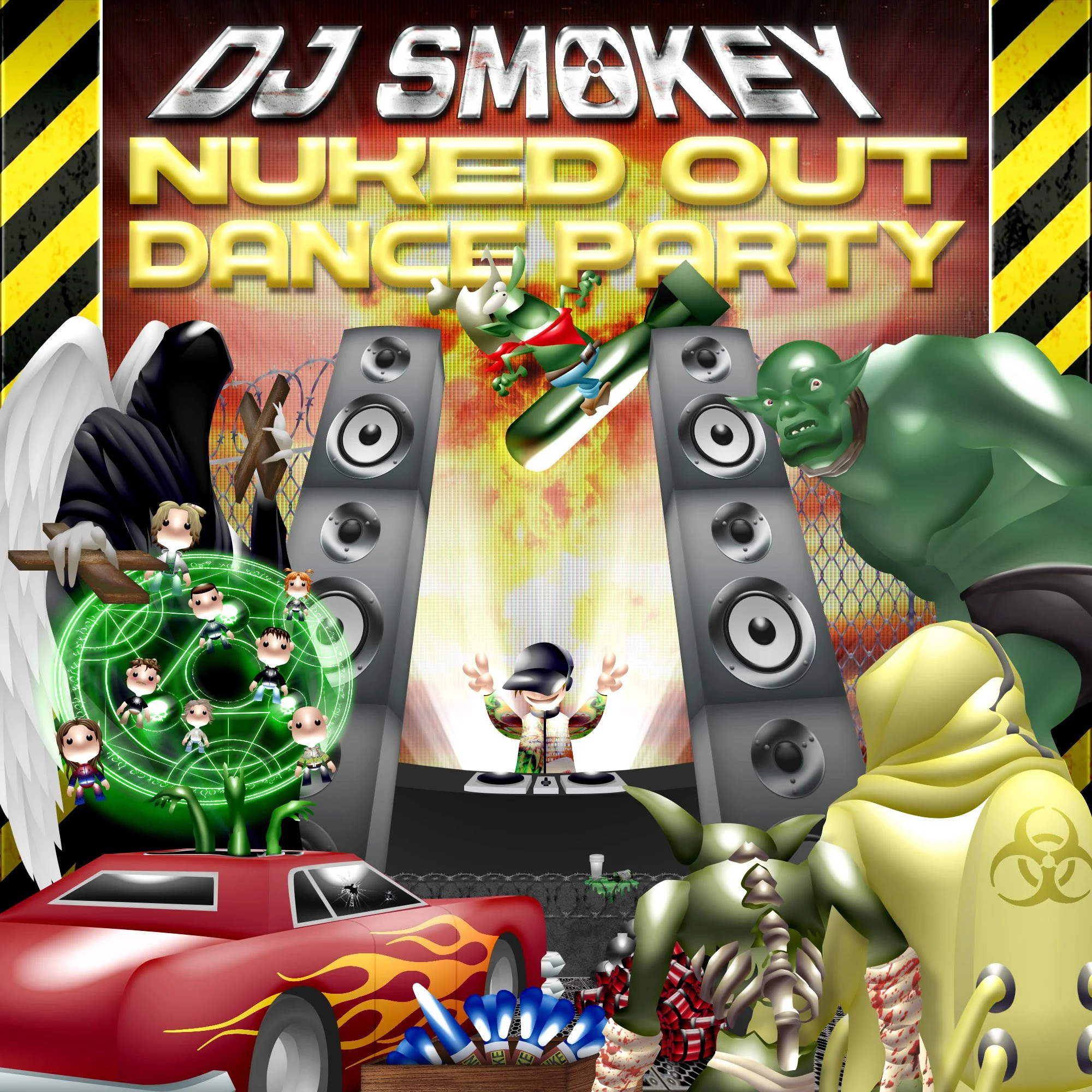 Digital illustration of a Halloween-themed DJ dance party with monsters, ghouls, and characters, featuring large speakers, a red sports car with flames, a haunted castle backdrop, and spooky elements like skeletons and biohazard symbols.